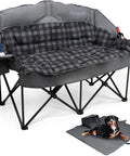 Oversized Double Camping Chair Padded Loveseat With Cup Holders For Two Adults, gray plaid design, with steel frame, dog on mat