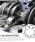 Close-up of gears and steel snap ring set, highlighting 100 Piece Steel Snap Ring Set For Shafts And External Circlips, Beefy Elastic Retaining Clips.