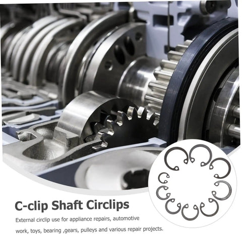 Close-up of gears and steel snap ring set, highlighting 100 Piece Steel Snap Ring Set For Shafts And External Circlips, Beefy Elastic Retaining Clips.