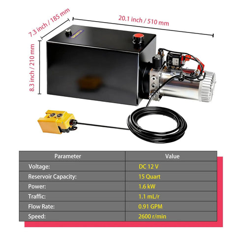 12V DC Hydraulic Power Unit With 15L Iron Reservoir And SAE 6 Connector, High Pressure 3000 PSI Single Acting Pump For Dump Trailers, Tow Trucks, Snow Plows, And Agricultural Equipment