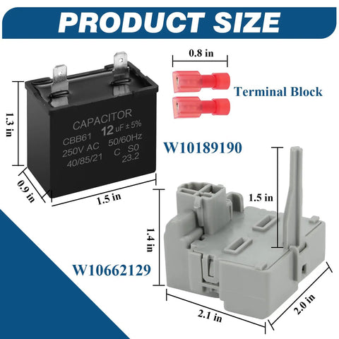 Refrigerator Start Device And Run Capacitor Kit W10189190 TSD2 And W10662129 dimensions with terminal blocks