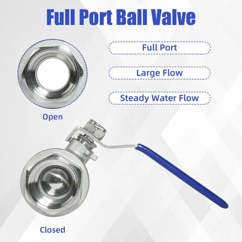 2 Pack One Half Inch Stainless Steel Ball Valve 304 Full Port NPT Female Beefy Heavy Duty Shut Off Valves With Blue Locking Handles
