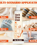 Anti Slip Sock Stop Adhesive With Handy Tip Applicator Transparent Waterproof Sock Glue For Bath Mats Carpets Blankets And Rugs Delivers Long Lasting Grip No Slip Protection 50ml shown with socks, shoes, gloves, hangers, carpet, bath mat.