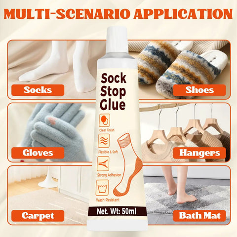 Anti Slip Sock Stop Adhesive With Handy Tip Applicator Transparent Waterproof Sock Glue For Bath Mats Carpets Blankets And Rugs Delivers Long Lasting Grip No Slip Protection 50ml shown with socks, shoes, gloves, hangers, carpet, bath mat.