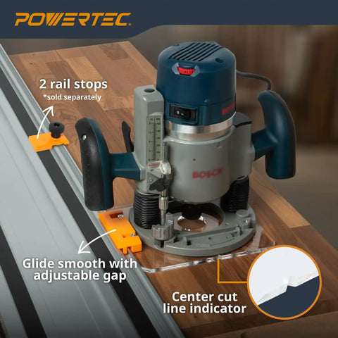 Top Tier Router Guide Rail Adapter For Bosch 1617 Plunge Router With Track Saw Compatibility with adjustable gap and center cut line indicator.