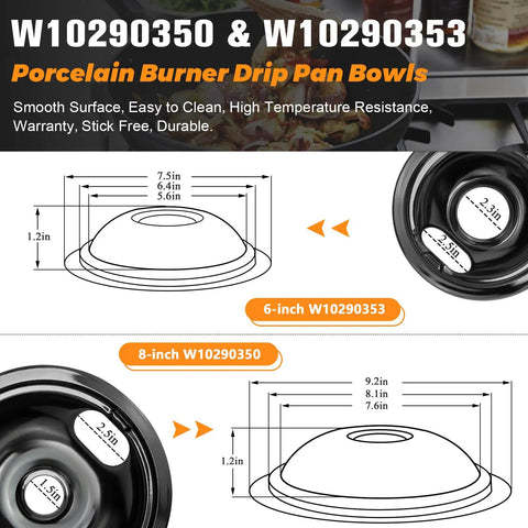 Illustration showing dimensions of Porcelain Burner Drip Pan Bowls 2 Pack 8 Inch And 2 Pack 6 Inch Black Porcelain Electric Stove Drip Pans