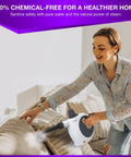 User cleaning upholstery with Quick Heat Handheld Steam Cleaner Includes Nine Piece Accessory Kit That Knocks Out Grease And Grimy Buildup On Hardwood Tile Carpet Car Seats With Pure High Pressure Vapor Heat Only.