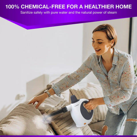 User cleaning upholstery with Quick Heat Handheld Steam Cleaner Includes Nine Piece Accessory Kit That Knocks Out Grease And Grimy Buildup On Hardwood Tile Carpet Car Seats With Pure High Pressure Vapor Heat Only.