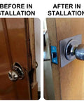 Before and after of Door Knob And Deadbolt Reinforcement Plate Kit Matte Black Easy Install Backplate Repair Cover For Door Hole.