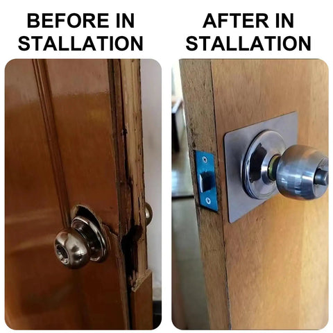 Before and after of Door Knob And Deadbolt Reinforcement Plate Kit Matte Black Easy Install Backplate Repair Cover For Door Hole.