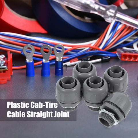 Heavy Duty Flexible Conduit Connectors NPT Three Quarter Inch PVC Pipe Couplers 5 Pack with grey plastic joints for secure electrical connections.