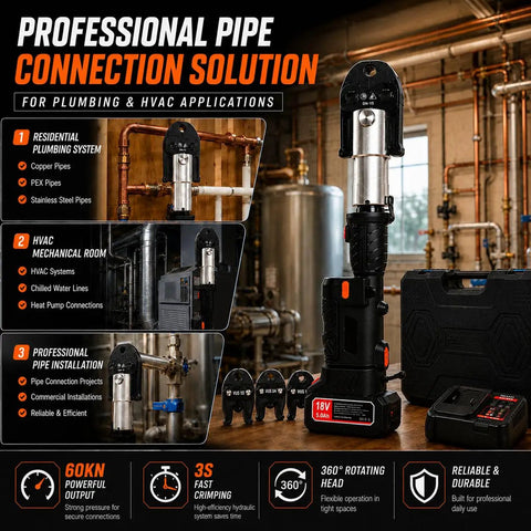 60KN Cordless Electric Pipe Crimper Tool 18V Brushless Hydraulic Press Kit For 1/2 Inch To 2 Inch PEX Copper Plumbing Connections Quick Change Dies displayed in a professional setting with pipes.