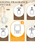 Hanging fragrance diffuser instruction guide showing steps to use Fresh Ride Vibes Long Lasting Car Air Freshener Hanging Essential Oil Diffuser 6 Pack.