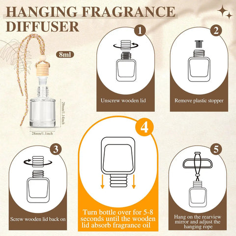 Hanging fragrance diffuser instruction guide showing steps to use Fresh Ride Vibes Long Lasting Car Air Freshener Hanging Essential Oil Diffuser 6 Pack.