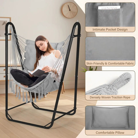 Woman relaxing in Heavy Duty U Shaped Hammock Chair With Stand Ready To Chill Rustproof Hanging Swing For Yard And Garden