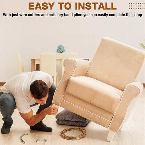 No Sweat Upholstery Spring Repair Kit For Couch Sofa Furniture Includes Sweet Twenty Four By Six Inch Spring Cover Pad Forty Foot Nine Gauge Paper Wrapped Wire And Eighty Clips For Quick Chair Rehab Fix with a person installing the kit.