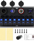 Waterproof 8 Gang Boat Rocker Switch Panel With Dual USB Ports, Voltmeter, Cigarette Lighter Socket And DIY LED Sticker