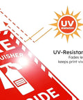 High Visibility Fire Extinguisher Inside Sign 8x12 Inch Metal Safety Plaque close-up showing UV-resistant coating for durability