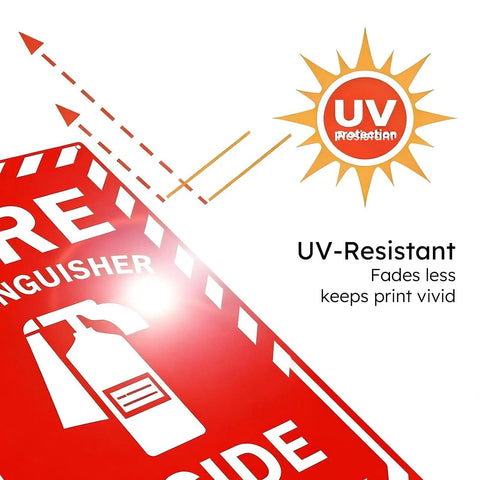 High Visibility Fire Extinguisher Inside Sign 8x12 Inch Metal Safety Plaque close-up showing UV-resistant coating for durability