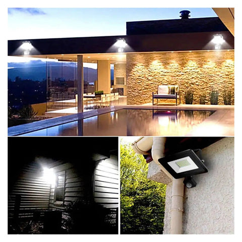 JUDYSSY Pir Motion Sensor Led Flood Light Waterproof Spotlights 30W 50W 100W Wall Lamp on modern house exterior at night.