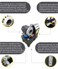 Rugged Electric Hydraulic Hose Crimping Machine With Ten Interchangeable Dies And Badass 3600 KN Crushing Force For No Sweat Rubber Tube Fixes On Any Workbench Today showing precision crimping device with high-tech features.