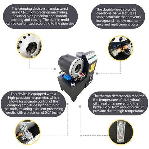 Rugged Electric Hydraulic Hose Crimping Machine With Ten Interchangeable Dies And Badass 3600 KN Crushing Force For No Sweat Rubber Tube Fixes On Any Workbench Today showing precision crimping device with high-tech features.