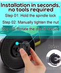 2-Pack 5/8-11 Angle Grinder Flange Nuts Kit installation guide with steps showing tool-free locking method on a grinder.