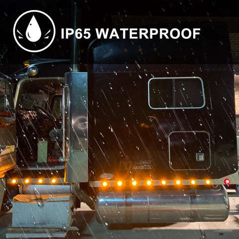 Truck showing 2.5 Inch Round LED Marker Lights Set Of 20 Amber And Red With 13 LEDs Each Reflectors in rain, IP65 waterproof