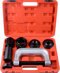 Open case showing Ball Joint Press And U Joint Removal Kit With 4x4 Adapters For Most 2WD And 4WD, including C-frame and tubes.