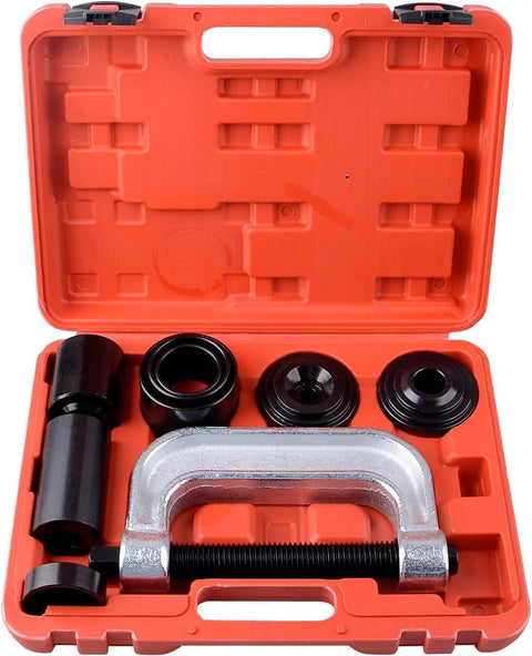 Open case showing Ball Joint Press And U Joint Removal Kit With 4x4 Adapters For Most 2WD And 4WD, including C-frame and tubes.
