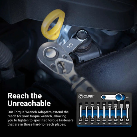 Three Eighths Inch Drive Torque Adapter Set With 12 Point Box End 10 To 19 mm Metric 10 Piece With Mechanic Tray shown in use