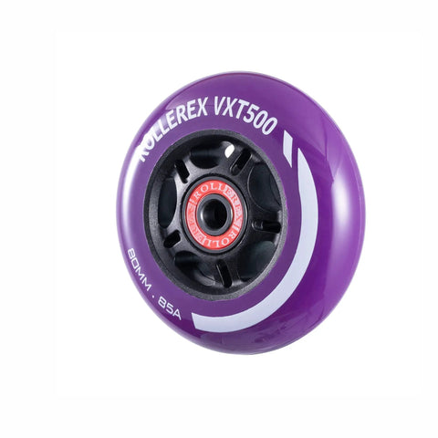 Royal Purple VXT500 Inline Skate Wheel 80mm with bearings, side view showing Urethane 80mm diameter for indoor and outdoor skating