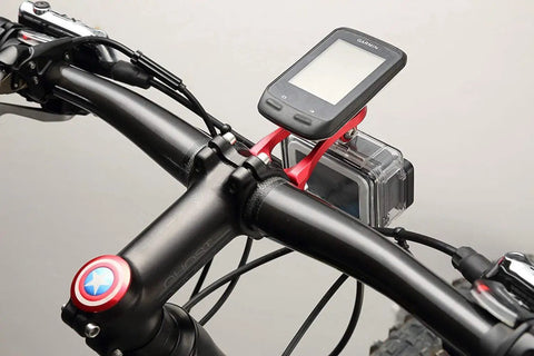 Out Front Bike Handlebar Mount For NiteRider Adapters And Garmin Edge Computers on a bicycle with an action camera mounted