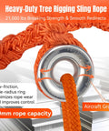 Kickass Adjustable Arborist Rigging Sling With Smooth Aluminum Block Ring Five Eighth Inch By 6 Point 7 Feet 10 Pocket Quick Setup Tree Lowering Gear Rated 13600 Lbs Break Strength For Hard Working Crews with orange rope and aluminum ring.