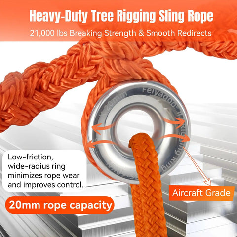 Kickass Adjustable Arborist Rigging Sling With Smooth Aluminum Block Ring Five Eighth Inch By 6 Point 7 Feet 10 Pocket Quick Setup Tree Lowering Gear Rated 13600 Lbs Break Strength For Hard Working Crews with orange rope and aluminum ring.