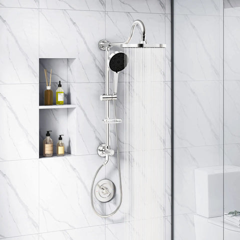 9 Inch Rainfall Shower Head And Handheld Showerhead Combo With Slide Bar In Brushed Nickel in modern bathroom setup