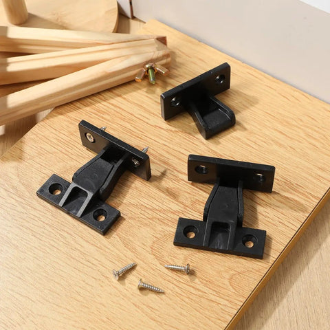 No Sweat Quick Install Furniture Panel Connectors For Cabinets And Wardrobes With Easy Push On Hardware and Rock Solid Right Angle Corner Braces 10 Pack displayed on wooden surface.