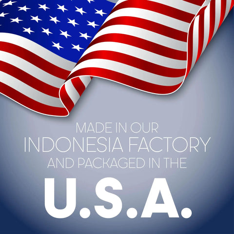 Image of an American flag with text stating made in Indonesia and packaged in the U.S.A.