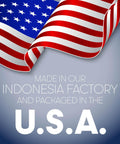American flag graphic with text stating made in Indonesia factory and packaged in the U.S.A.