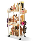 Three Tier Rolling Utility Cart With Wooden Drawer Must Have Sturdy Multifunction Storage Organizer for makeup and hair tools, white