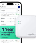 RV Pet Temperature Monitor With Cellular Coverage No WiFi Needed Remote Power Outage And Temp Sensor With App Alerts For Home Safety And Server Room Monitoring Includes 1 Year Subscription. App screen and white Necto sensor
