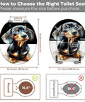 Round Resin Toilet Seat for Bathroom with measurements, featuring design of a dog, for proper sizing before purchase.