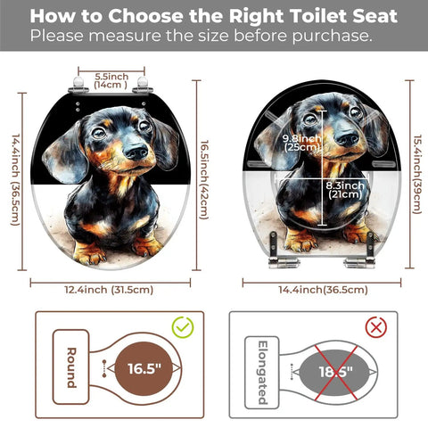 Round Resin Toilet Seat for Bathroom with measurements, featuring design of a dog, for proper sizing before purchase.
