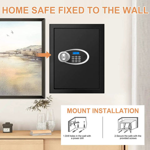 Fireproof Waterproof Home Safe With Digital Keypad And Spare Keys, 3.3 Cu Ft Security Box mounted on wall next to painting