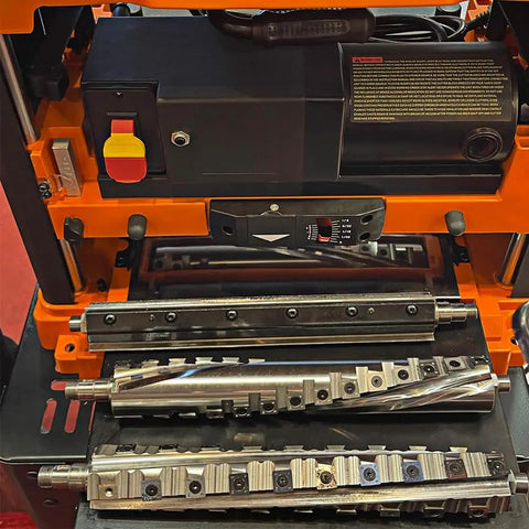 Woodworking planer with 12mm square straight carbide cutters for woodturning, drop-in fit to spiral and helical planer cutters