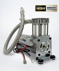 Heavy Duty 12V Air Compressor Kit For Train Horns And Air Ride Suspension, chrome body with hose and wiring.