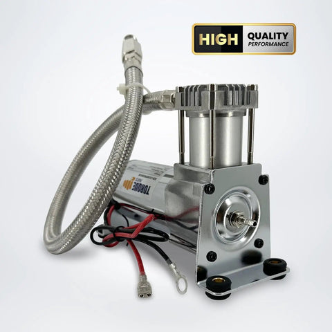 Heavy Duty 12V Air Compressor Kit For Train Horns And Air Ride Suspension, chrome body with hose and wiring.