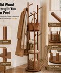 Rotating Coat Rack Freestanding With 9 Hooks And 3 Shelves, Heavy-Duty Rubberwood Hall Tree In Walnut Finish shown in entryway