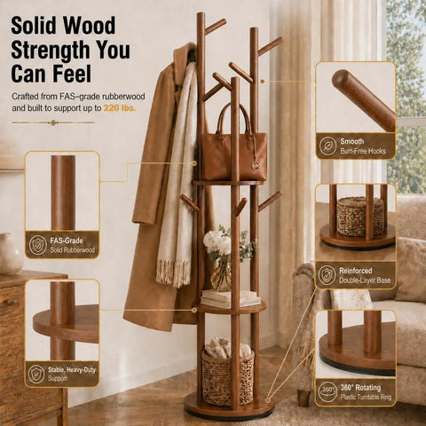 Rotating Coat Rack Freestanding With 9 Hooks And 3 Shelves, Heavy-Duty Rubberwood Hall Tree In Walnut Finish shown in entryway