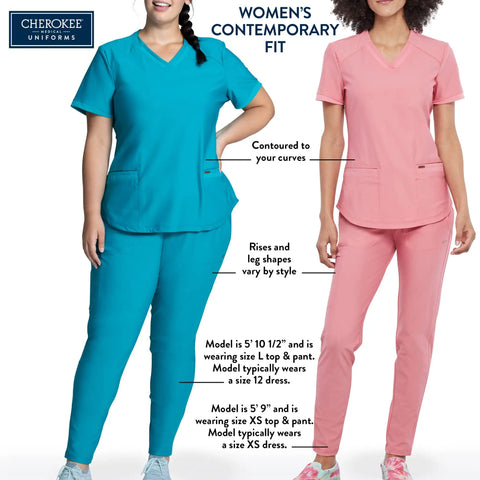 Women's contemporary fit scrubs in blue and pink, featuring V-neck tops and pants, models showcase size differences and fit details.